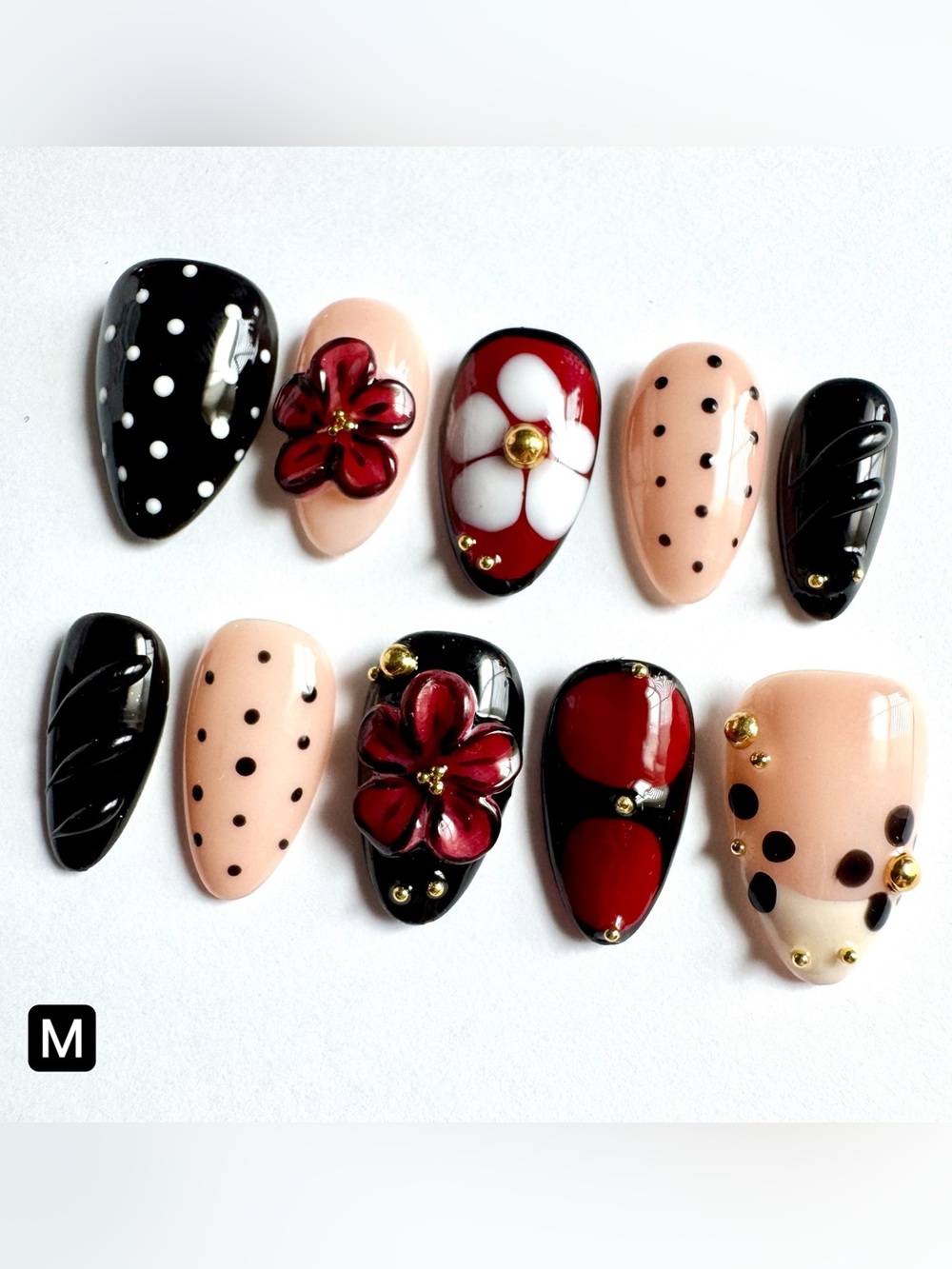 Red Black Nude Glossy Press-On Nails with polka dots